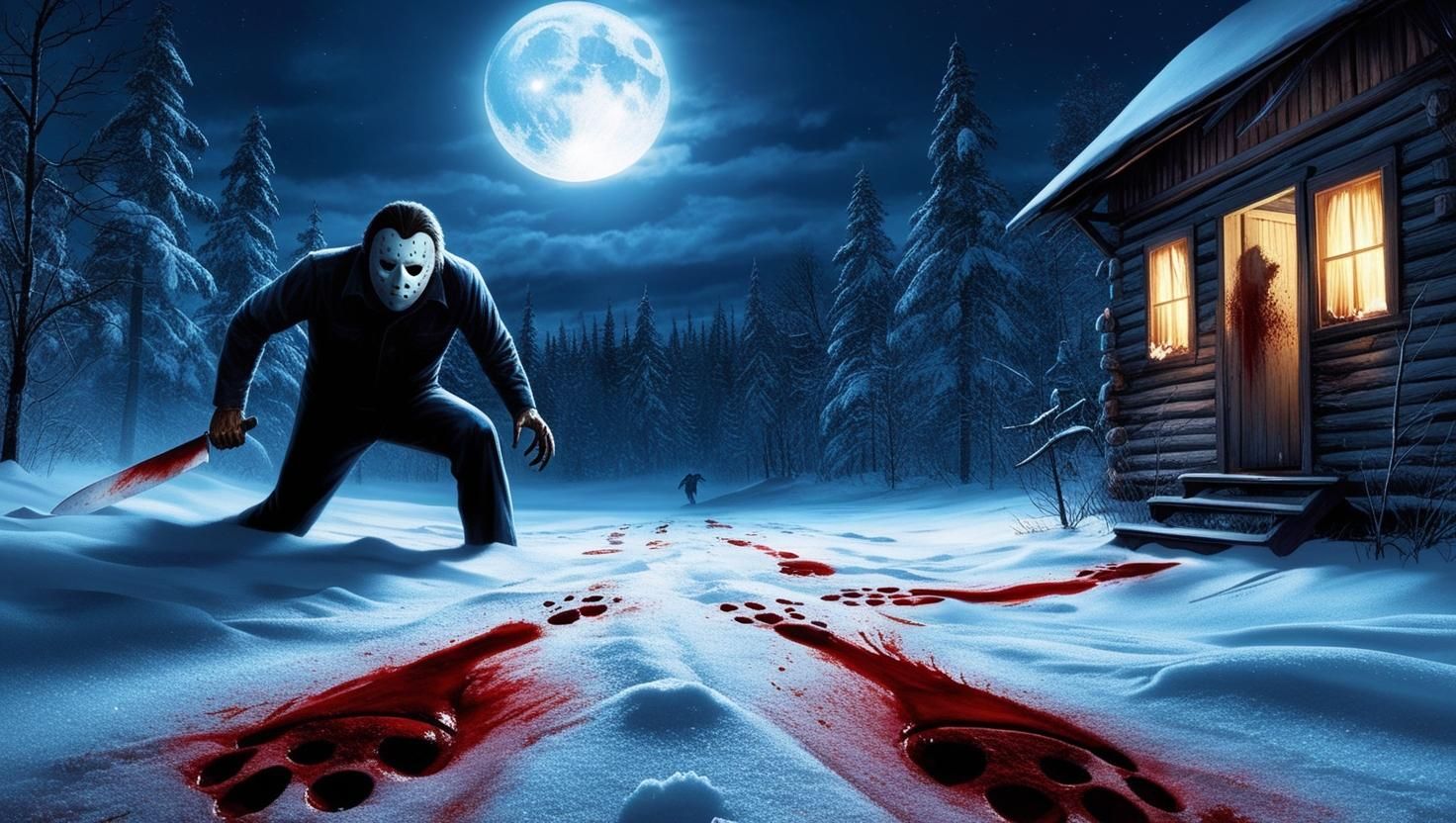 A terrifying winter horror scene featuring a masked killer lurking in a snowy forest at night